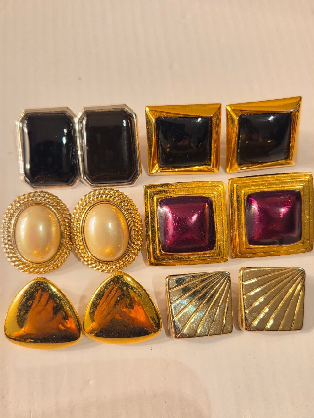 Gold Tone Gemstone Clip-On Earring Set - Pearl & Black Accents